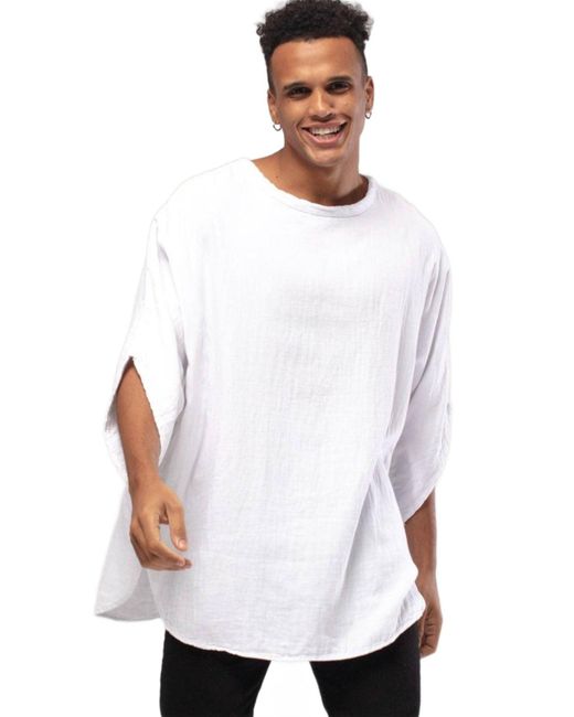 Monique Store White Bohemian Round Neck Bell Sleeve Linen Shirt for men