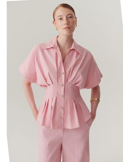 Exquise Pink Regular Pleated Waist Button-Up Blouse