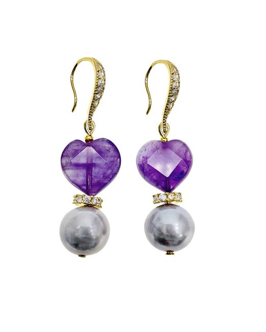 Farra Purple Heart Shaped Amethyst With Freshwater Pearl Earrings