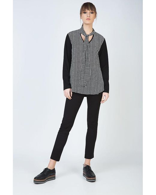 Conquista Black Long Sleeve Print Top With Neck Tie