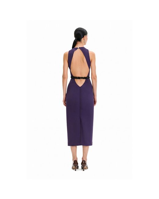 Monosuit Purple Sleeveless Crew Neck Backless Lace Belted Bodycon Evening Midi Dress Politically Correct