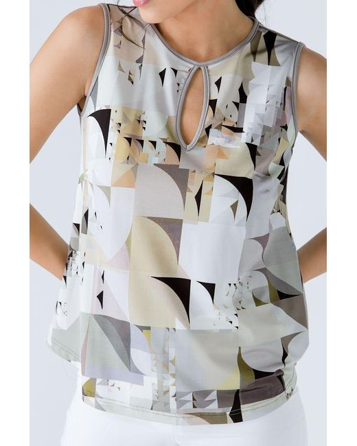 Conquista Natural Taupe Keyhole Detail Print Top