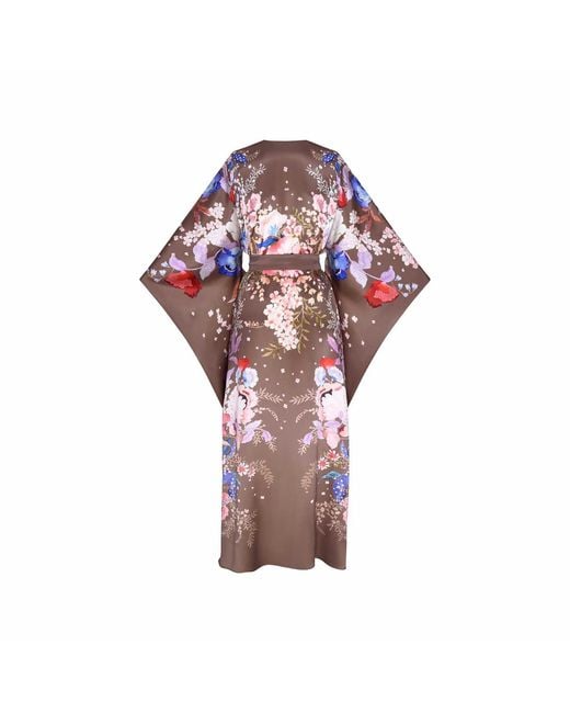 Meng Purple Chocolate Watercolour Flowers Silk Satin Wrap Dress