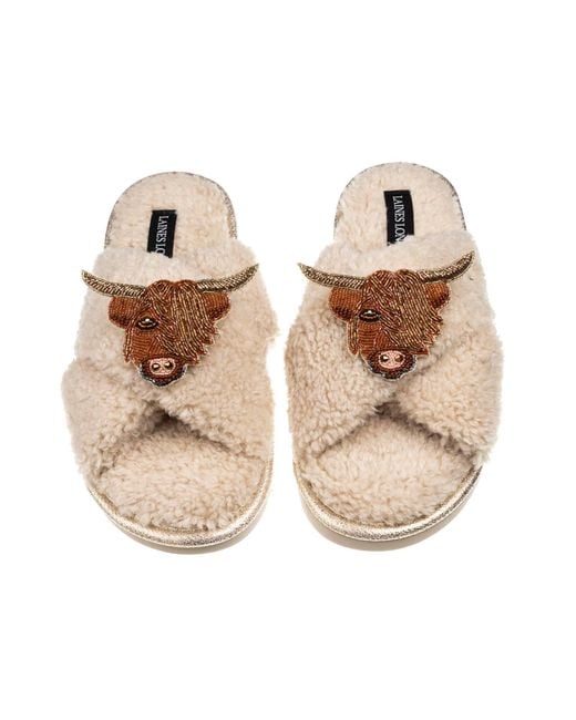 Laines London Natural Neutrals Laines Neutral Boucle Slippers With Highland Cow Brooches