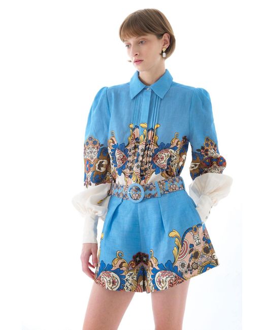 We Are Kindred Blue Evelyn Linen Belt Shorts-Aquamarine Floral