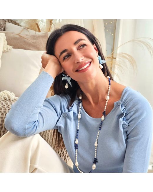 Farra Blue Baroque Pearl With Lapis And Silk Bowknot Earrings