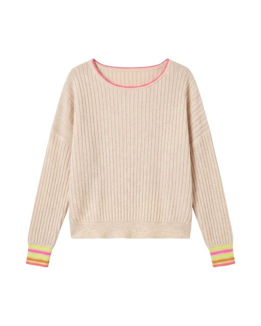 Brodie Cashmere Natural Striped Cuff Reversible Cashmere Jumper