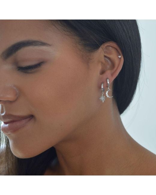 Seven Saints Metallic Moon & Star Huggie Hoop Earrings With Drop Charms, Over Sterling
