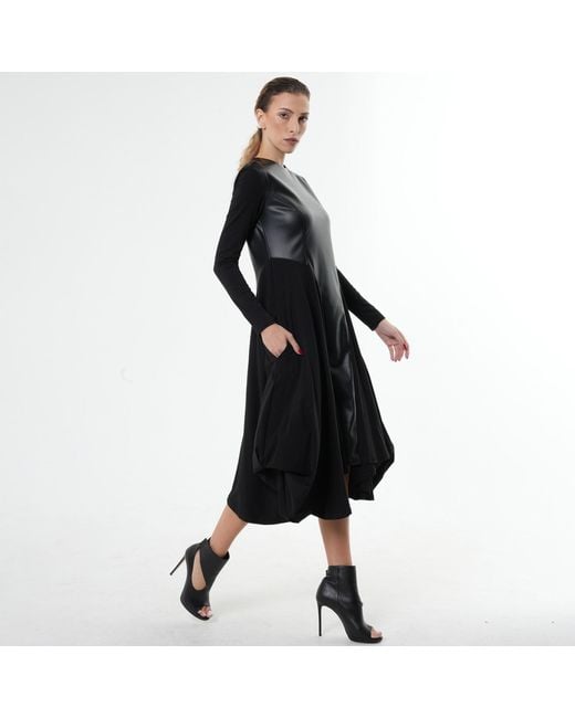 Metamorph Black Midi Dress With Leather Detail