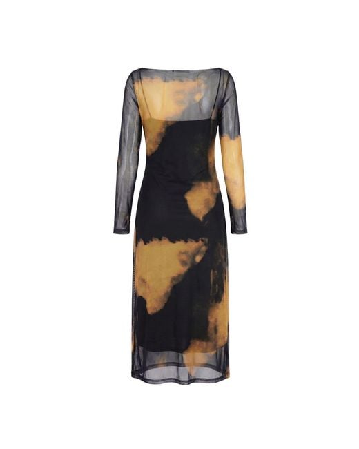 Modenaire Black Sheer Mesh Midi Dress With Abstract Print And Layered Slip