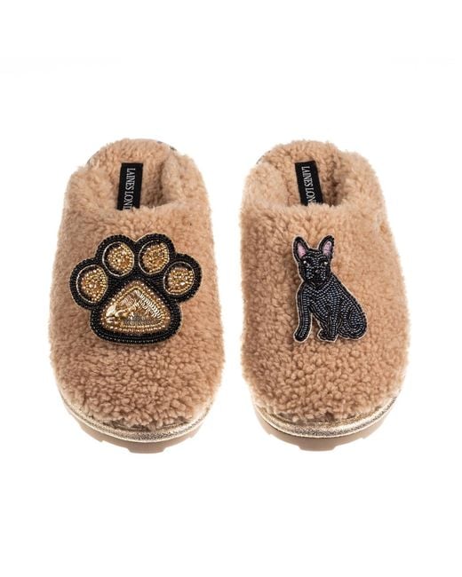 Laines London Metallic Neutrals Teddy Closed Toe Slippers With Paw & Sitting French Bulldog Brooches