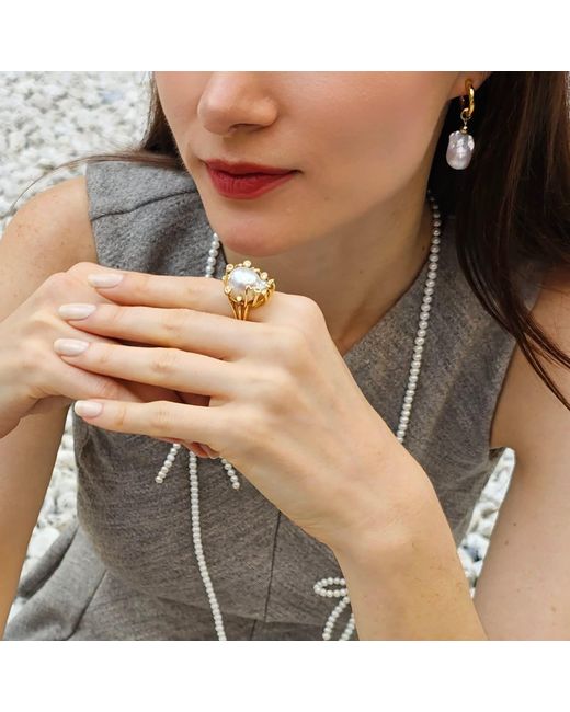 Farra Metallic Baroque Pearls With Band Adjustable Ring