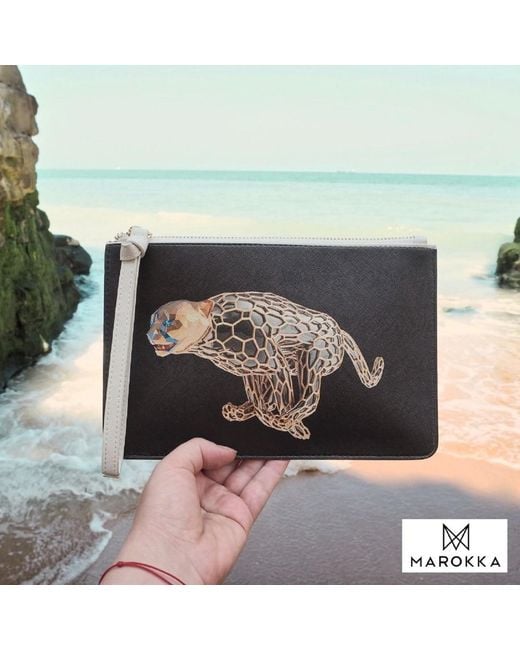Marokka Design Black Cheetah Medium Clutch Bag Saffiano Leather Finish