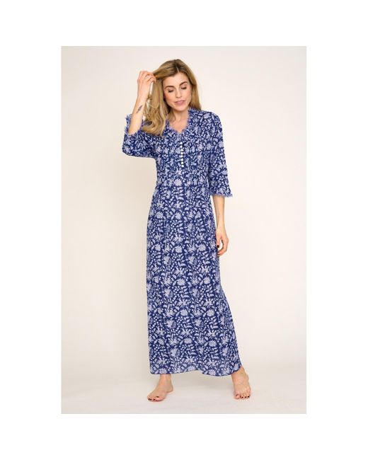 At Last Blue Cotton Annabel Maxi Dress In With White Flower