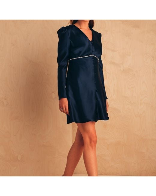 MIONÈ Blue Mini Silk Dress With Diamond Detail