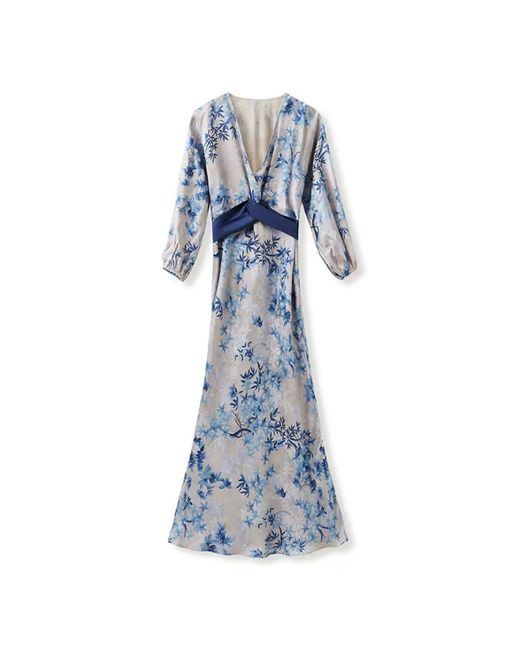 Jiaying Wang Wjy Studio London Blue Printed Bamboo Slim-Fit Jacquard Silk Dress