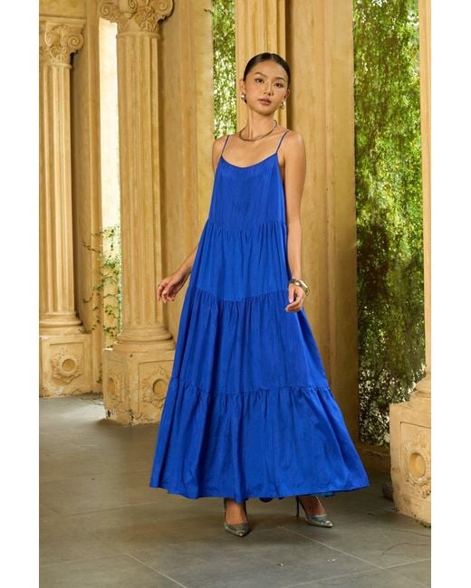 Silk and Bears Blue Valentina Royal 100% Silk Tiered Maxi Dress — Habotai Silk