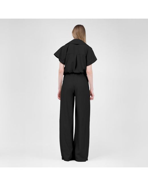 BLUZAT Black Linen Set With Shirt With Pockets And Wide Leg Trousers