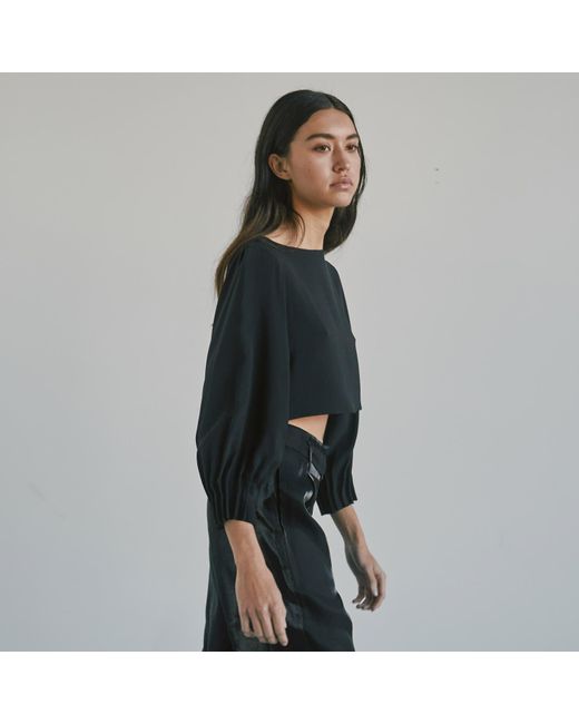 Monzlapur New York Blue Cropped Silk Top With Pleated Cuffs & Crystals