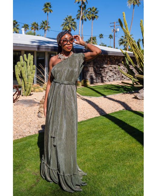 Jennafer Grace Green Electrum Slink Pleated One-Shoulder Maxi Dress