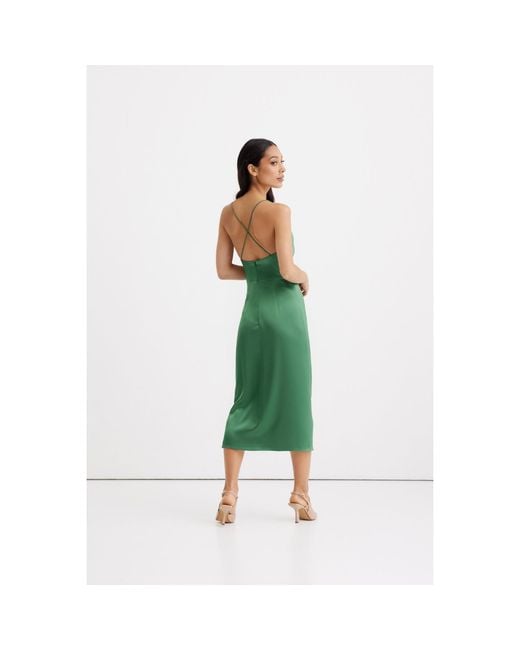 Nomi Fame Green Selena Satin Midi Dress With Straps And Draped Skirt