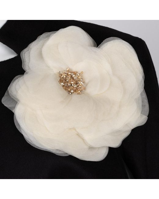 House of Laines London Black Neutrals Laines Couture Wool Blend Cape With Embellished Cream Corsage