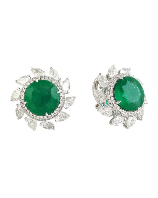 Artisan Green Natural Rose Cut & Emerald In 18k White Gold Designer Stud Earrings