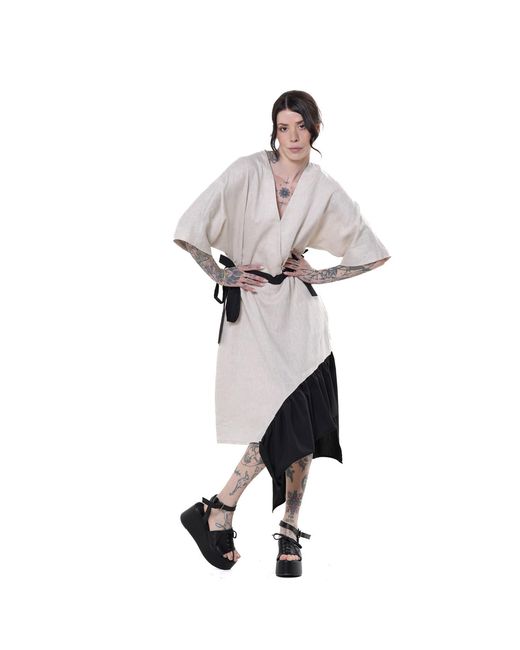 Metamorph White Neutrals V-Neck Linen Midi Dress