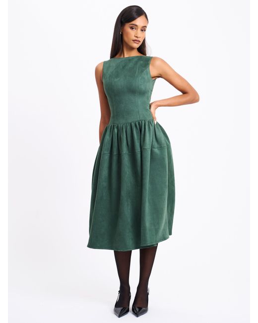 Miss Circle New York Green Laila Suede Boat Neck Backless Midi Dress