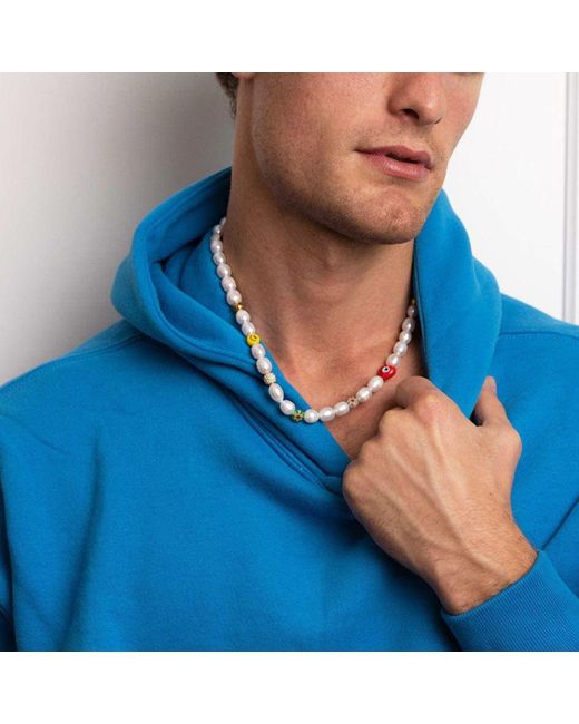 Nialaya Metallic Smiley Face Pearl Necklace With Assorted Beads for men