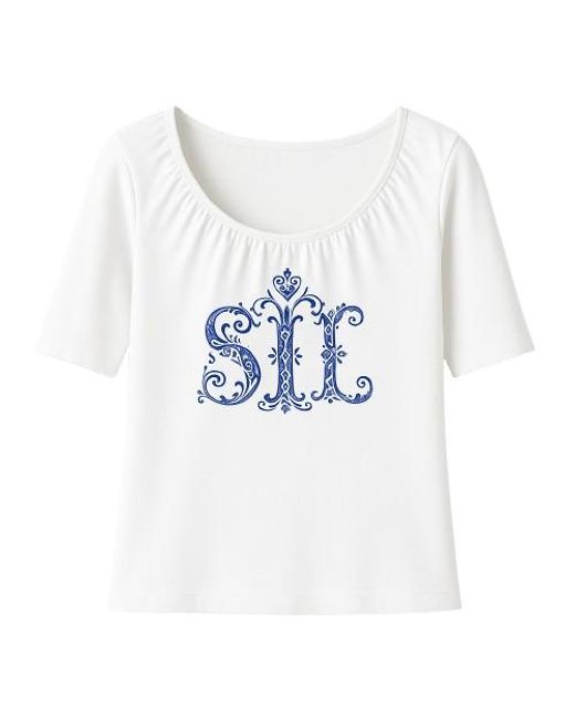 Conquista White Top With Print & Gathered Neckline