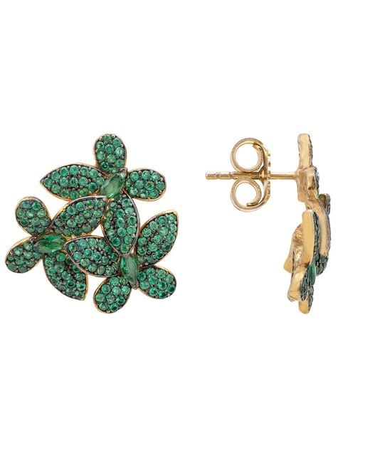 Latelita London Flowers Large Stud Earrings Gold Emerald Green