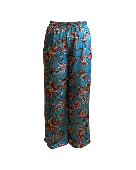 Janara Jones Blue Floral Paisley Print Satin Wide Legged Oversized Trousers