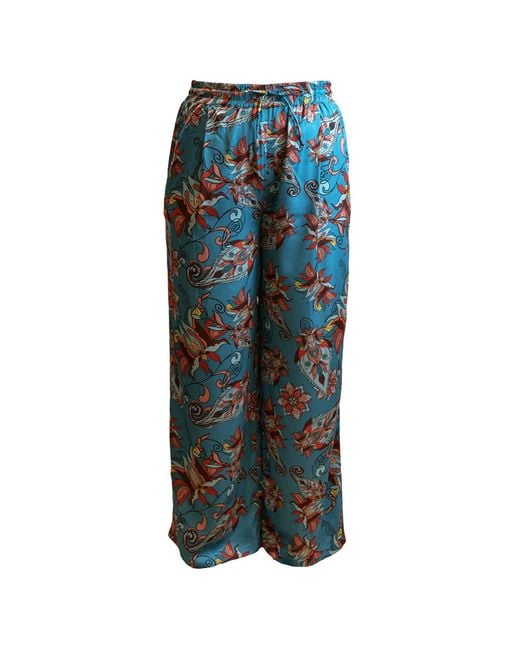 Janara Jones Blue Floral Paisley Print Satin Wide Legged Oversized Trousers