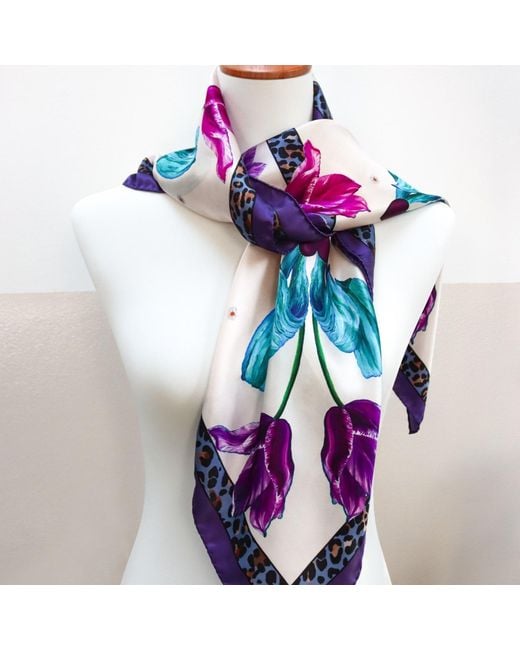 Lamberty Munich Blue Neutrals Spring Tulips Silk Scarf