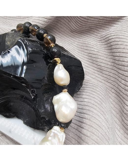 Farra Black Quartz And Obsidian With Baroque Pearl Statement Necklace