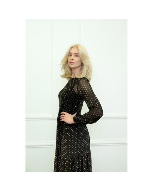Amoresea Black Magnetic Midi Cocktail Dress With Chic Polka Dot Mesh