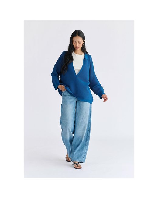 Paisie Blue Low Cut Polo Collar Ribbed Jumper