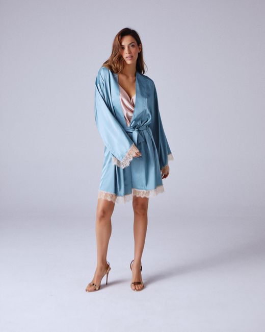 Noblesse Oblige Blue Duck Egg Long Lace Trimmed Robe