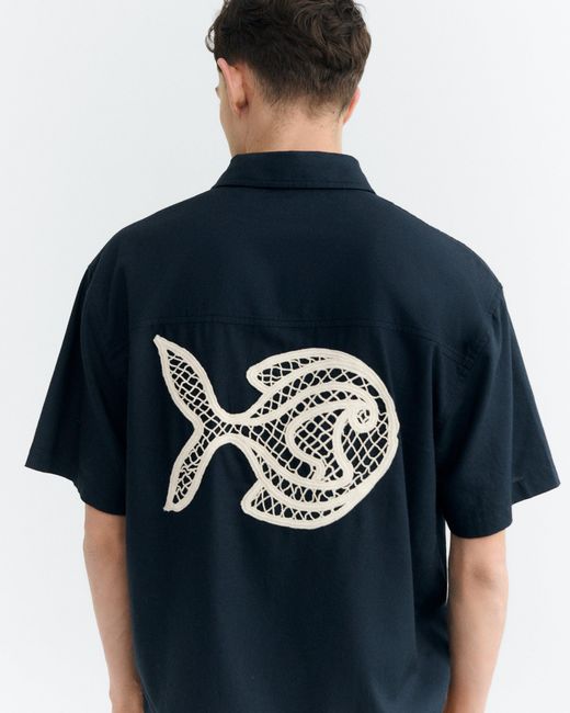 Thinking Mu Blue Fish Kurtis Oversize Hand-Embroidered Shirt for men
