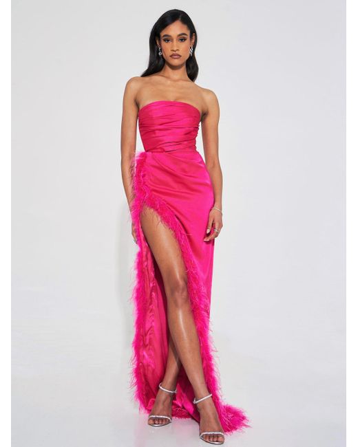 Miss Circle New York Pink Perrin Fuchsia Feather Dress High Slit Gown
