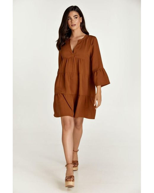Conquista Brown Chocolate Tencel Gathered Seams Dress