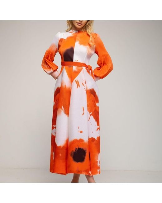 Tantra Spain Sl Orange Pleated Printed Midi Dress With Darts