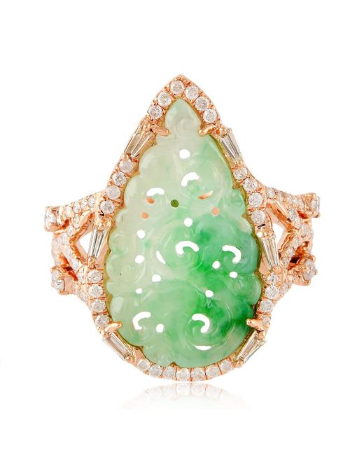 Artisan Green 18k Rose Gold Carved Jade Ring With Diamonds