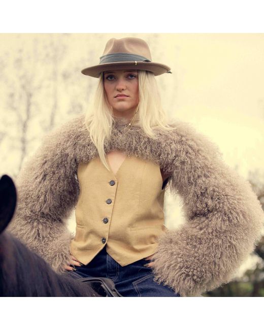Shaded the Label Brown Neutrals Lamorna Khaki Mongolian Shearling Multiway Micro Jacket