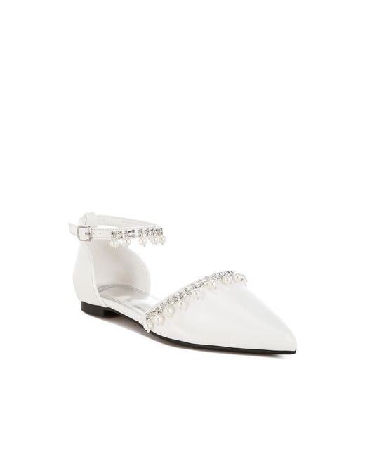 Rag & Co White Aouva Rhinestone & Pearl Ankle Strap Flat Sandals