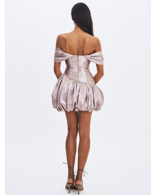Miss Circle New York Gray Neutrals Milena Champagne Ruched Asymmetrical Bubble Mini Dress