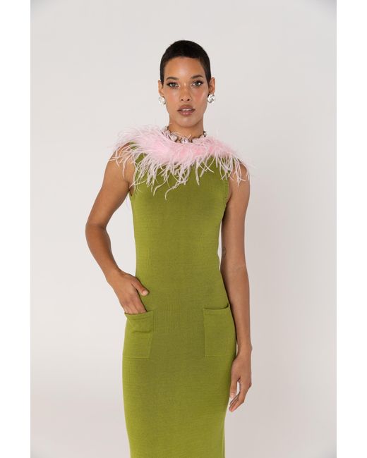 Andreeva Green Chrysanthemum Knit Dress With Real Ostrich Feathers Details