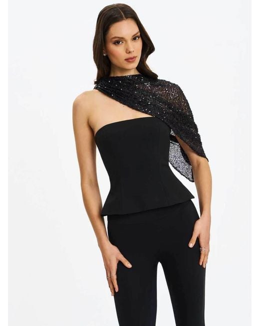 Miss Circle New York Black Quinette Peplum Top With Beaded Asymmetrical Cape