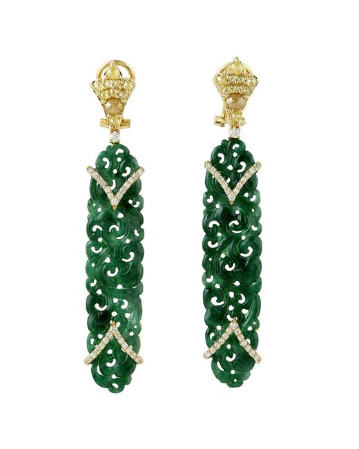Artisan Green 18K Carved Jade, Ice Diamond And Diamond Drop Earrings